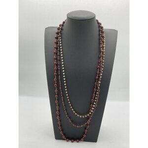 Multi Strand Red Bead Clear Rhinestone Necklace